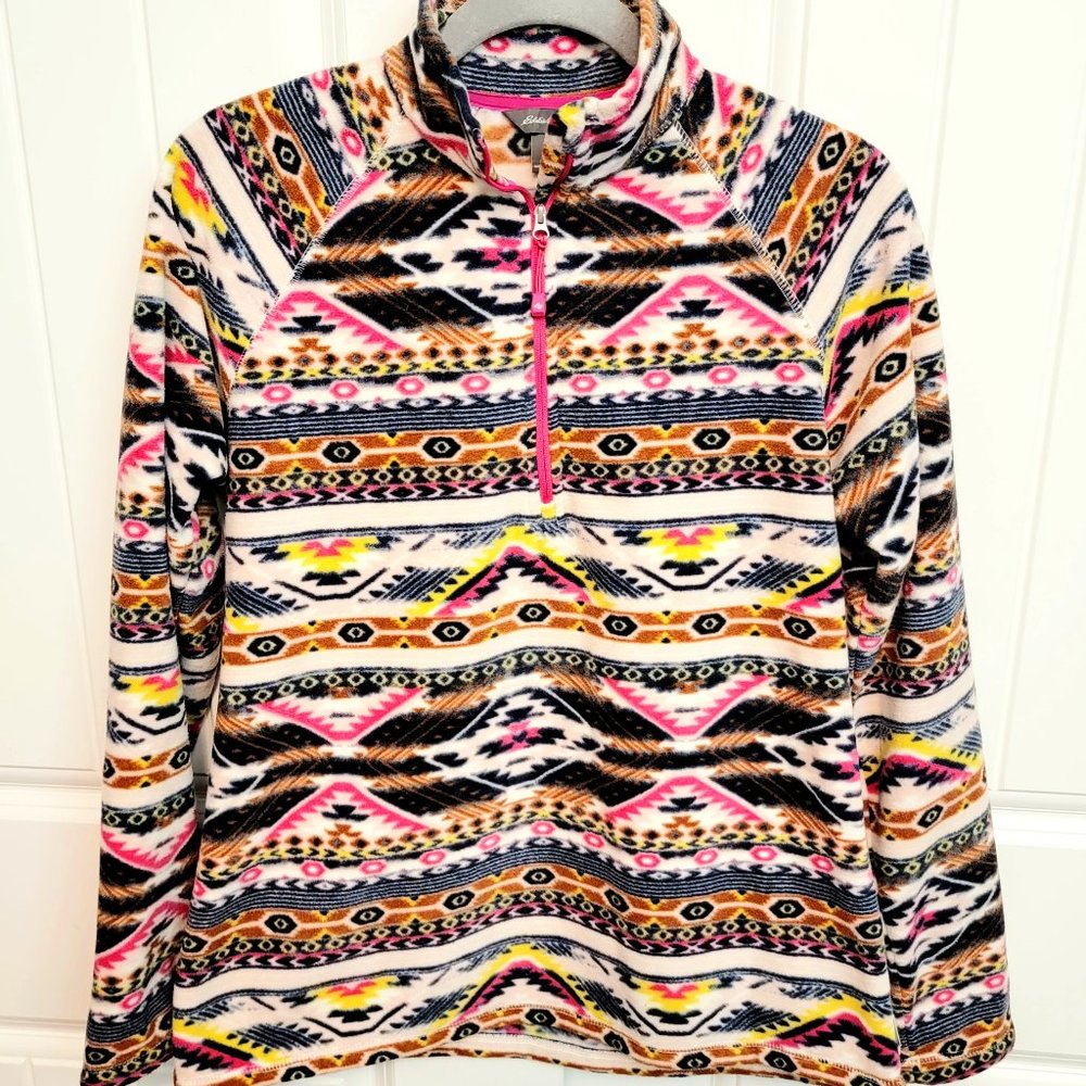 Eddie Bauer Womens Size Medium 1/4 Zip Fleece Pullover Pink Blue Aztec Tribal